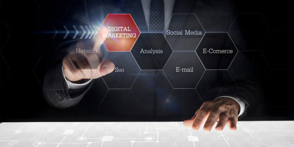 Digital marketing concept showing multiple channels including social media, SEO, email marketing, and content creation on various devices Digital marketing concept showing multiple channels including social media, SEO, email marketing, and content creation on various devices
